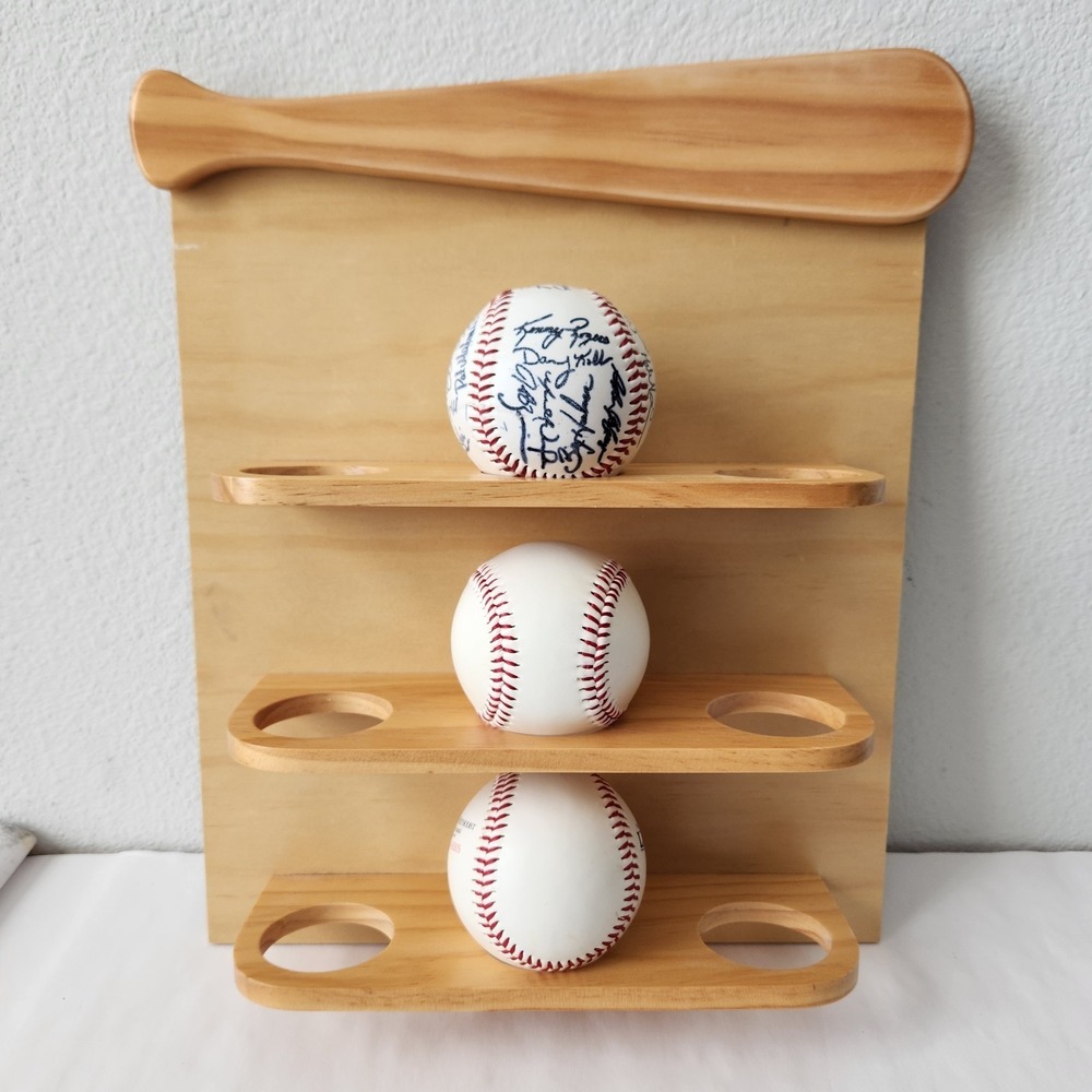 Vintage‎ Blonde Light Wood 9 Baseball Hanging Wall Display Holder Decor